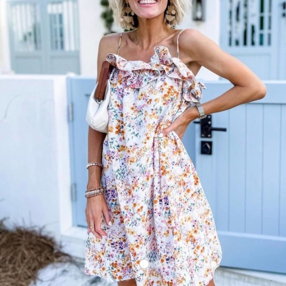 H&M Bloggers Favorite Floral Flounce Trim Spaghetti Strap Mini Dress